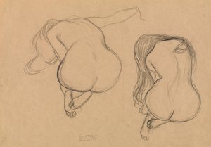 Due studi di un nudo seduto con capelli lunghi